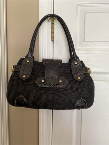 Eric Javits Black Woven Squishee Straw Croc Embossed Leather Shoulder Bag - Picture 16 of 16