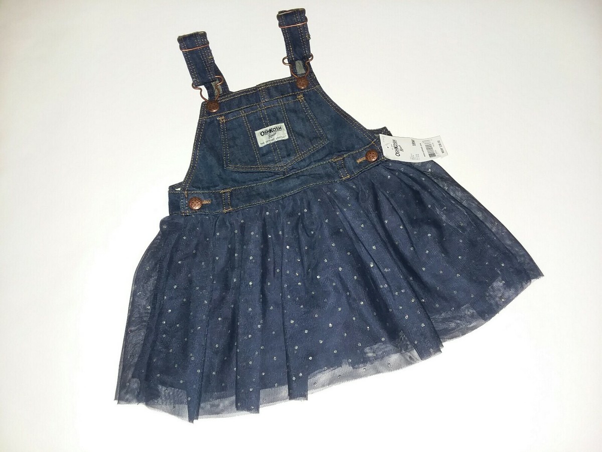 Oshkosh Blue Denim Tulle Dress Jumper Navy Silver Polka Dot Vestback 18  mnth NWT | eBay