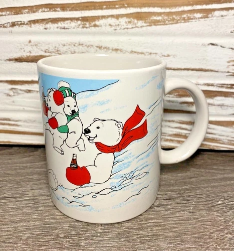 Coca Cola Polar Bears Sledding Coffee Cup/ Mug Ceramic Vintage 1996