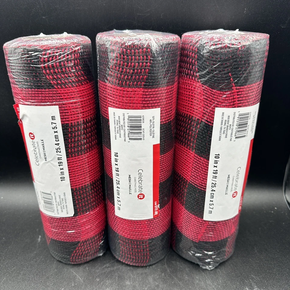Lote de 4 rollos de malla decorativa a cuadros rojos negros de 10" x 19 pies coronas de Navidad artesanías hágalo usted mismo Foto 4 de 4