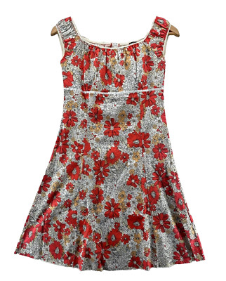 90s Y2K Mini Dress Vintage Size S Floral Print Red Empire Waist A Line Stretch