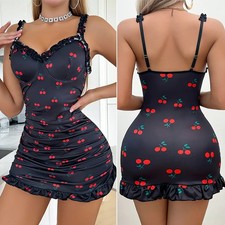 Women Sexy Lingerie Cherry Pattern Dress Underwear Babydoll Nightwear Sleepwear