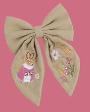 5” embroidered hair bow clip Easter bunny spring pink floral khaki canvas new