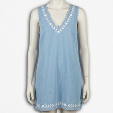Urban Outfitters Blue Embroidered Floral V-Neck Sleeveless Shift MiniDress Small