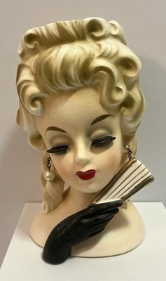VINTAGE INARCO LADY HEAD VASE E-1062 BLACK GLOVE FAN PEARL EARRINGS STUNNING 6 