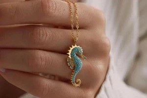 Authentic 1.00Ct Lab Created Turquoise Sea Horse Shape Pendant In 14k Yellow Gold Plated