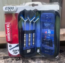 SportCraft Unicorn E500 Soft Tip Nickel Plated Dartboard Darts Set Of 3 W/ Case