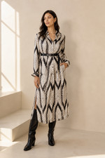 Banana Republic Satin Maxi Shirt Dress Wm's M Black Ivory Geometric Belted Long