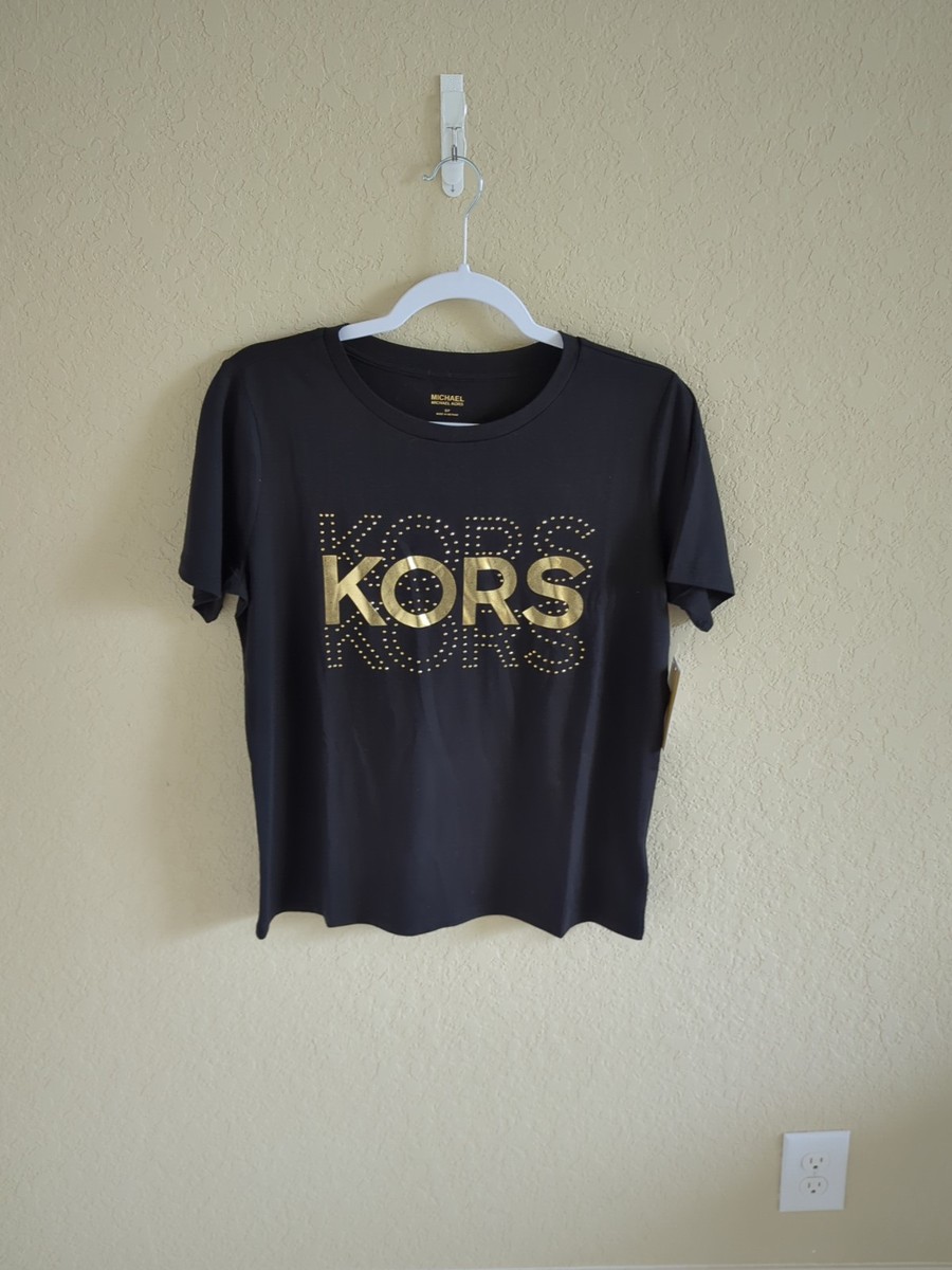 Tシャツ・カットソー GOLDEN Women Tops GWP02172P00182890100 BLACK MICHAEL KORS WOMEN'S GOLD STUDDED LOGO S/S T-SHIRT BLACK SZ