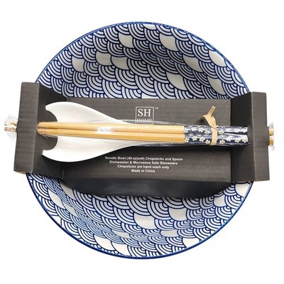 SH Home Waves Blue Ceramic Ramen Noodle Bowl 49oz With Chopsticks And Spoon 4pc