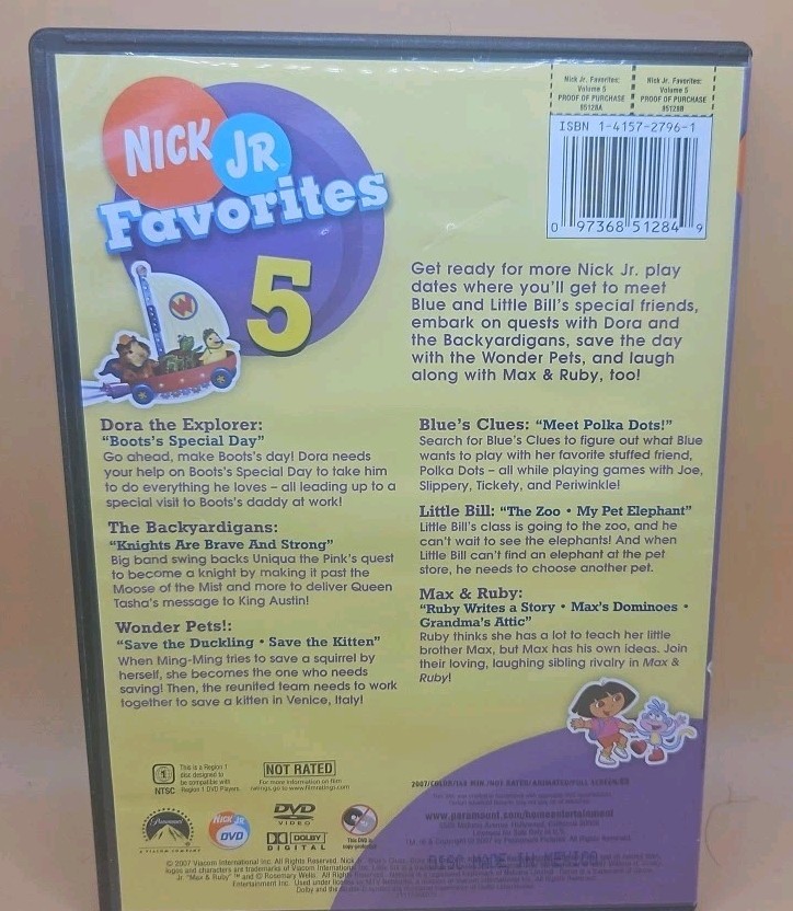 Nick Jr Favorites Vol 5 2007 DVD Dora Little Bill Blues Clues Ruby