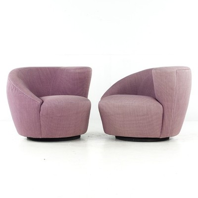Vladimir Kagan Style Mid Century Nautilus Purple Swivel Lounge Chairs - Pair