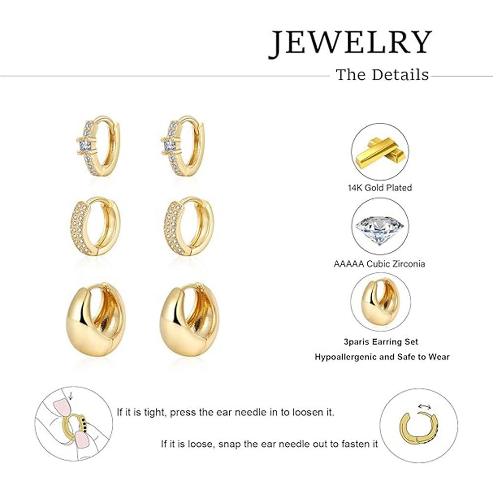 Aretes 14K Brincos Femininos Pendientes Joyeria Fina de Moda De Oro 3 Pares