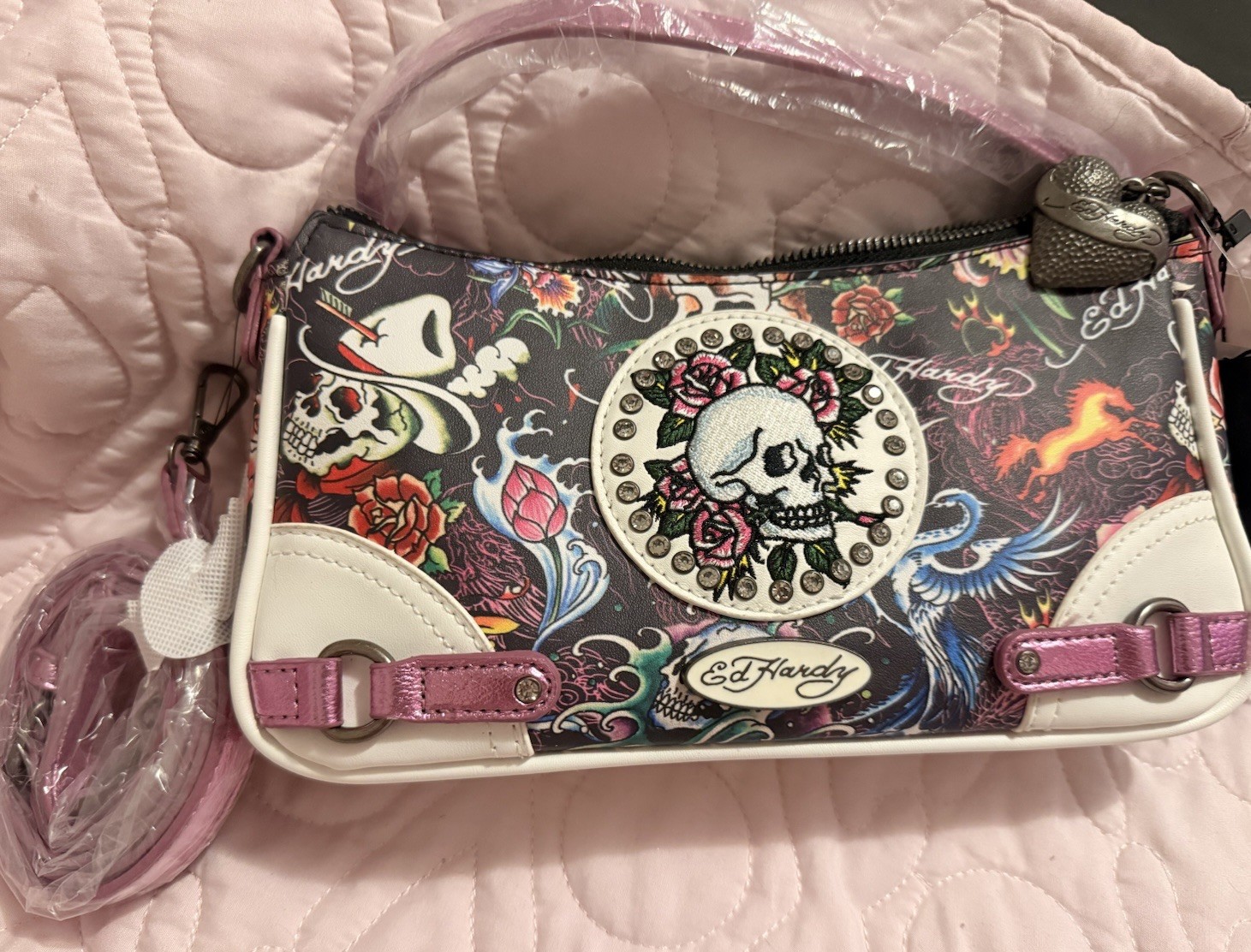 Ed Hardy Skull Tattoo Graphic Print Shoulder Bag Multicolor Zip, Pink Strap