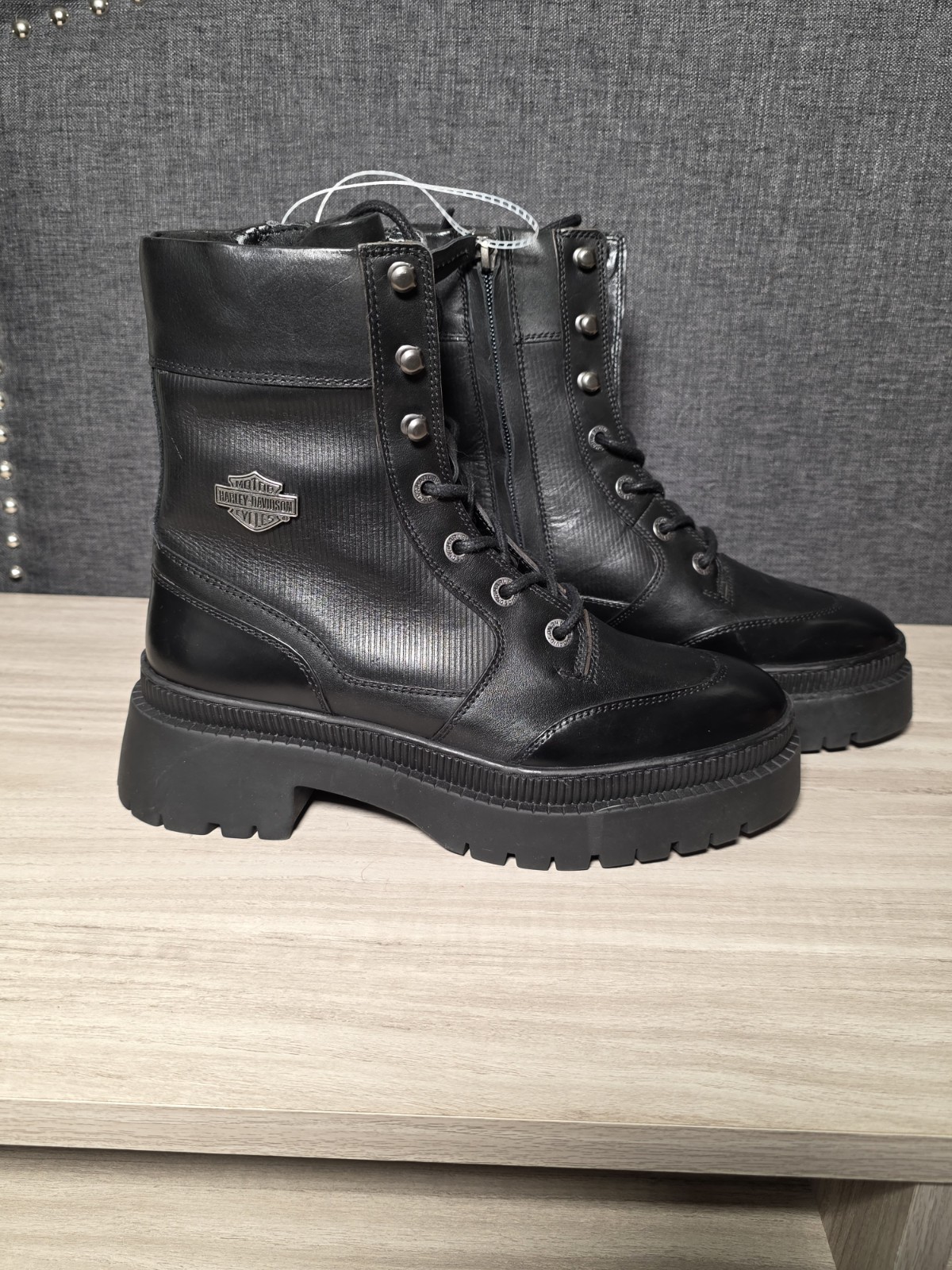 Harley-Davidson Black Leather Biker Boots Men's 8M Lace Up Logo Zipper Round Toe