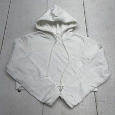 Cropped Hoodie Sweatshirt Womens Medium White Fleece Pullover Top Made In USA