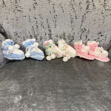 Handmade Knitted Baby Booties 3 Pairs Pink Blue Rainbow Pompom Tie Stretch Vntg