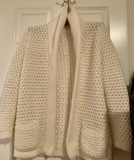 Vintage Granny Cottage Core Large White Sweater Cardigan Hand Made Knitted Cozy