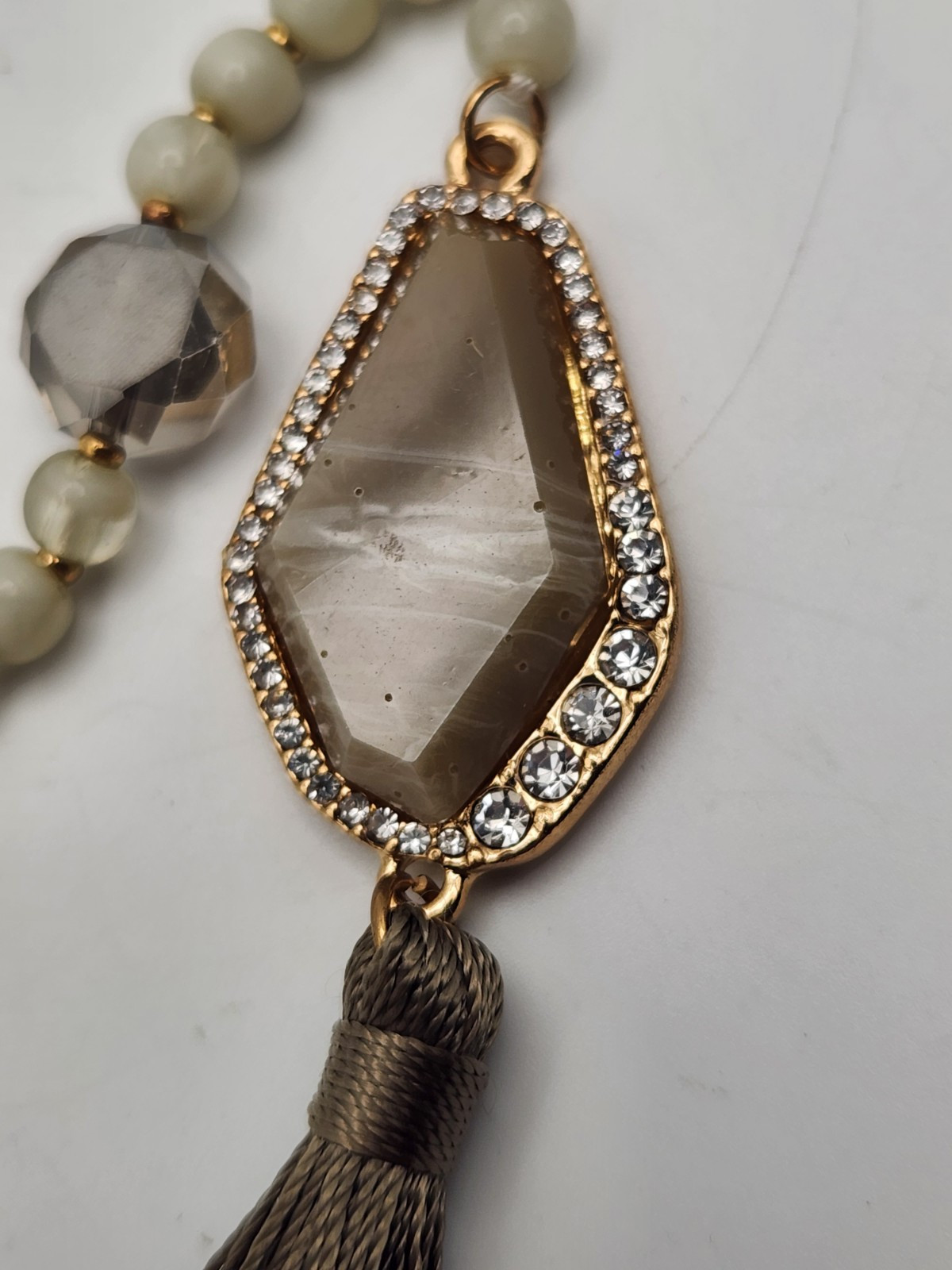 Signed C1946 Agate Stone Bead And Rhinestone Frin… - image 3