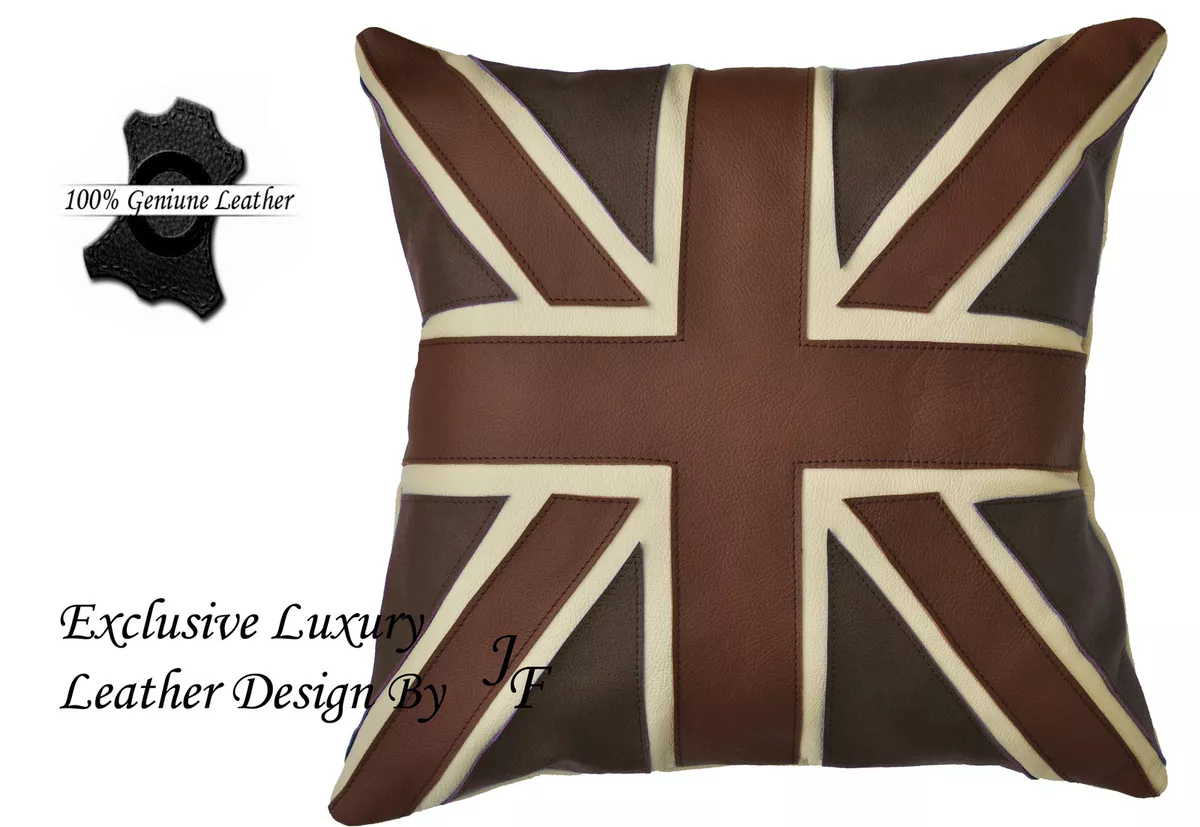 x1 EXCLUSIVE LUXURY GENUINE LEATHER CUSHION DESIGN UNION JACK LARGE BROWN TAN