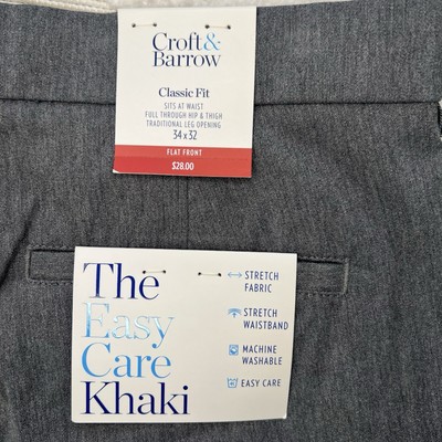 NEW Croft & Barrow Mens The Easy Care Waist 36 Khaki Pants Gray Classic Fit READ