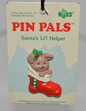 Vintage Russ 1 1/2" Small Christmas Dog in Sock Pin Pals NEW package NOS Broach