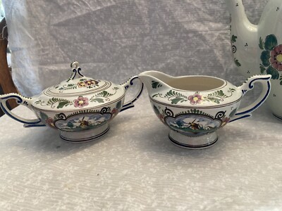 Delfts cream and sugar. Polychrome hand painted. Made in Holland. Flowers