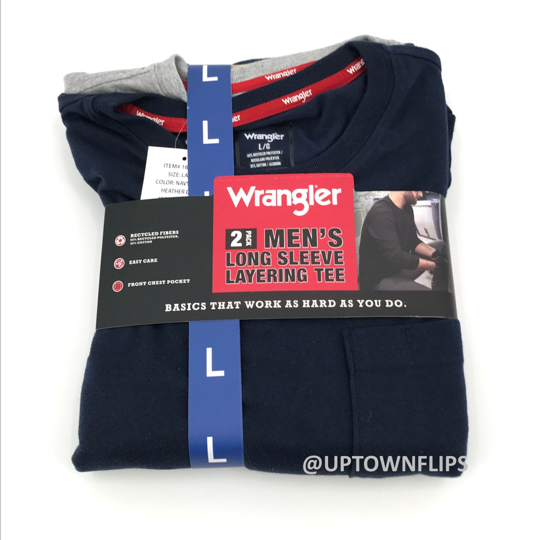 Wrangler Mens Shirt 2PK Large Blue Gray Long Sleeve Layering Tee Pocket Rib Cuff