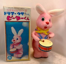 Vintage ALPS Japanese Drummer Bunny Rabbit Tin Battery Robot Toy + Box. WORKS