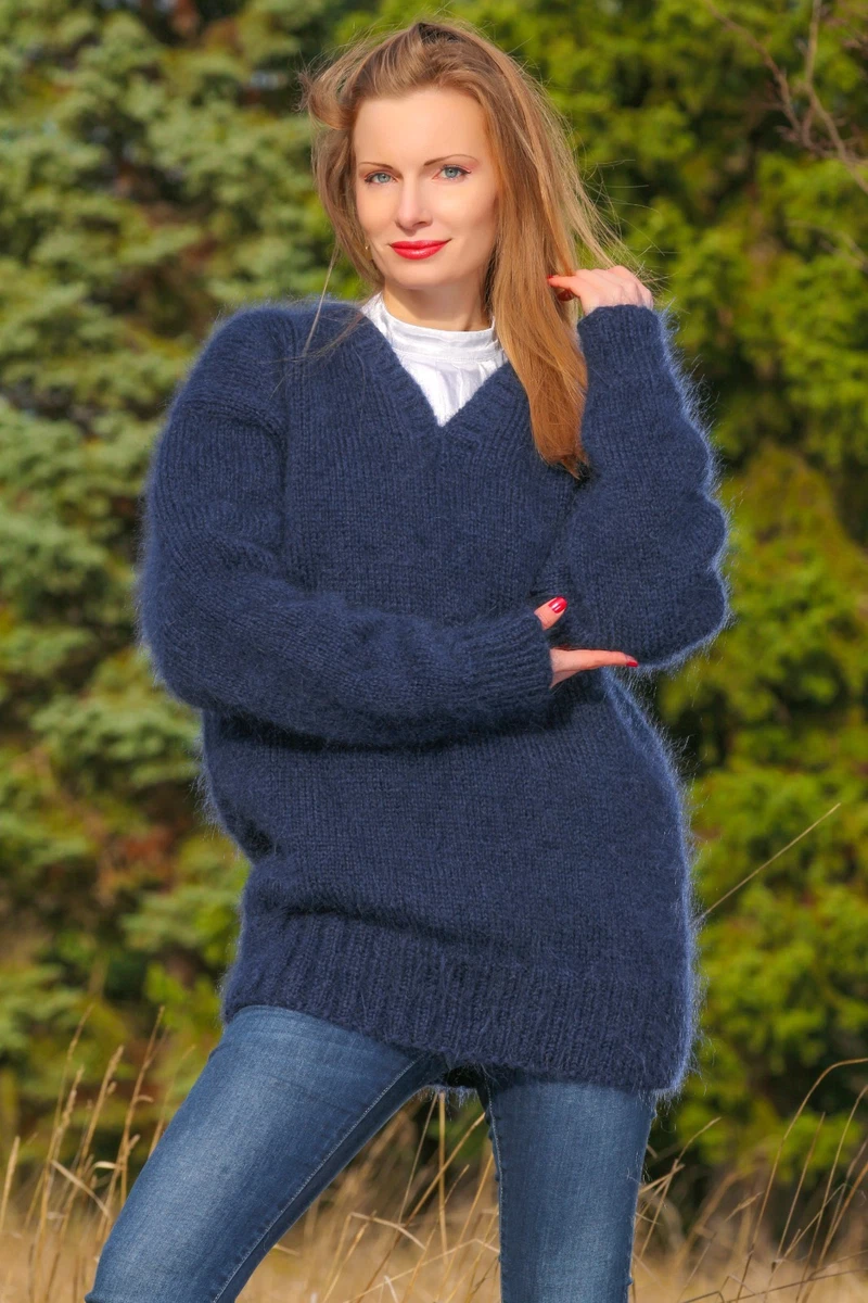 Fuzzy blue mohair sweater V neck hand knitted fluffy soft jumper SuperTanya