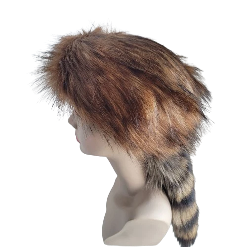 Plushy Coonskin Davey Crockett Cap Real Fur Tail Raccoon Coon Daniel Boone Hat  - Image 2 of 4