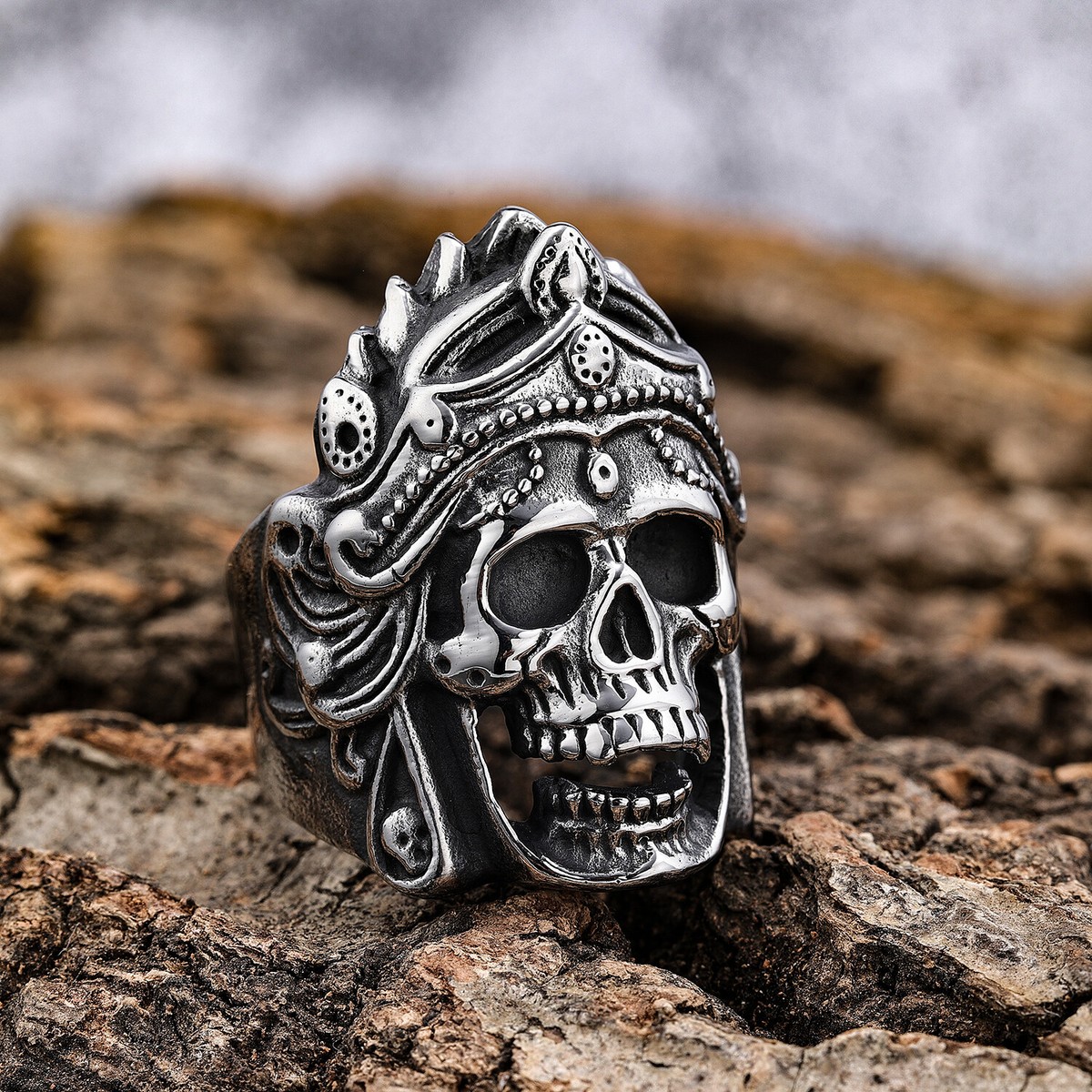 Mens Mahakali Helmet Skull Biker Rings Vintage Stainless Steel