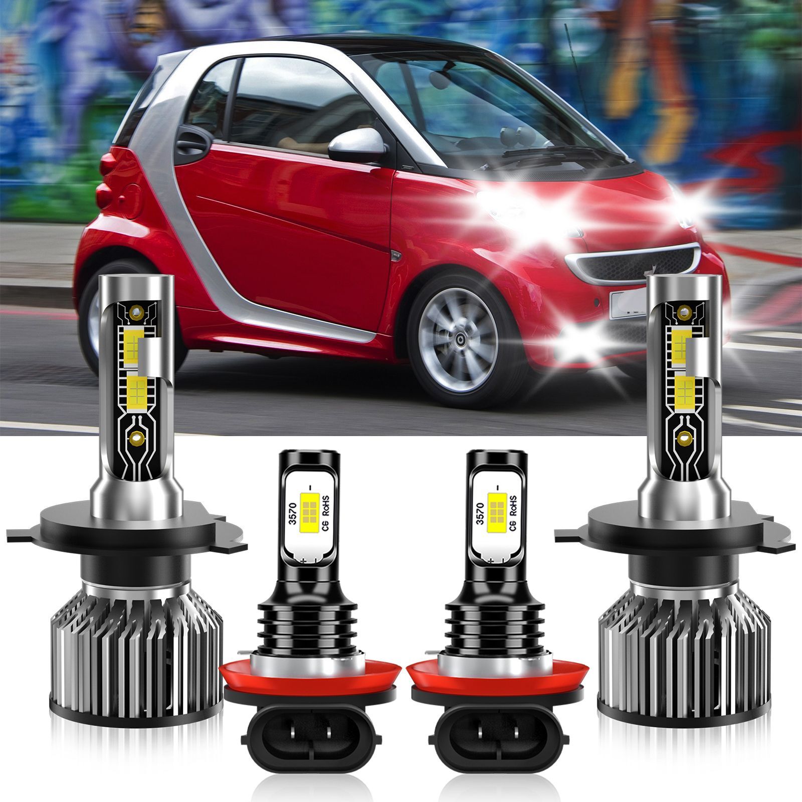 LED Headlight High Low Beam+ Fog Light Bulbs White For Smart Fortwo 2016-2018