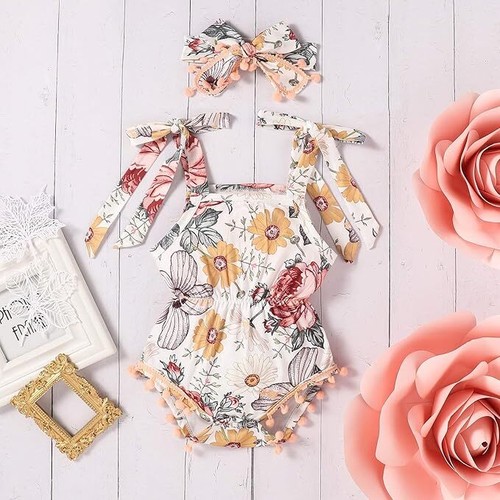 Newborn Baby Girl Clothes Floral Sleeveless Romper Jumpsuit Set And Headband - Picture 7 of 14
