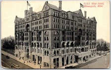 West Hotel Street View Minneapolis Minnesota Horse Carriage Vintage Postcard