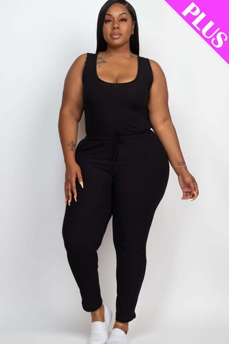 Ribbed Sleeveless Jumpsuit with Drawstring Waist in Plus Size - 第 4/21 張圖片
