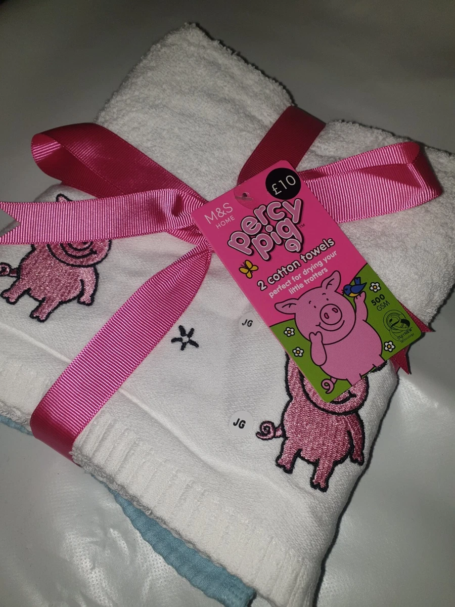 M S 2 PACK PERCY PIG TOWELS PURE COTTON GIFT PACKAGED GUEST TOWELS