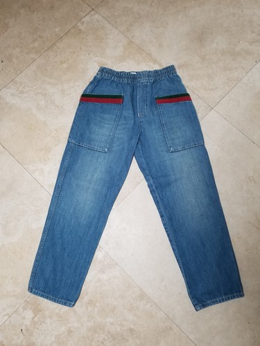 100% AUTH Gucci Iconic Red Green Logo Kids Loose Fit Pull On Denim Pants Sz 10 - Picture 3 of 17