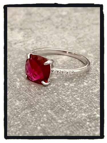 Mrvelous Cushion Simulated Red Ruby Solitaire Band Ring In 14k White Gold Plated - Picture 2 of 7