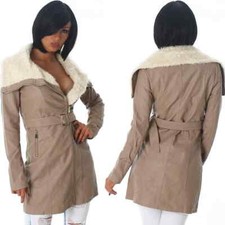 Damen Wetlook Mantel Kunstleder Fellimitat Gürtel tailliert 34 36 38 40 XS S M L