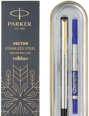 GENUINE PARKER VECTOR STAINLESS STEEL GT Gold Trim BALLPOINT PEN BLUE INK NEW GENUINE PARKER VECTOR STAINLESS STEEL GT Gold Trim BALLPOINT PEN BLUE INK NEW