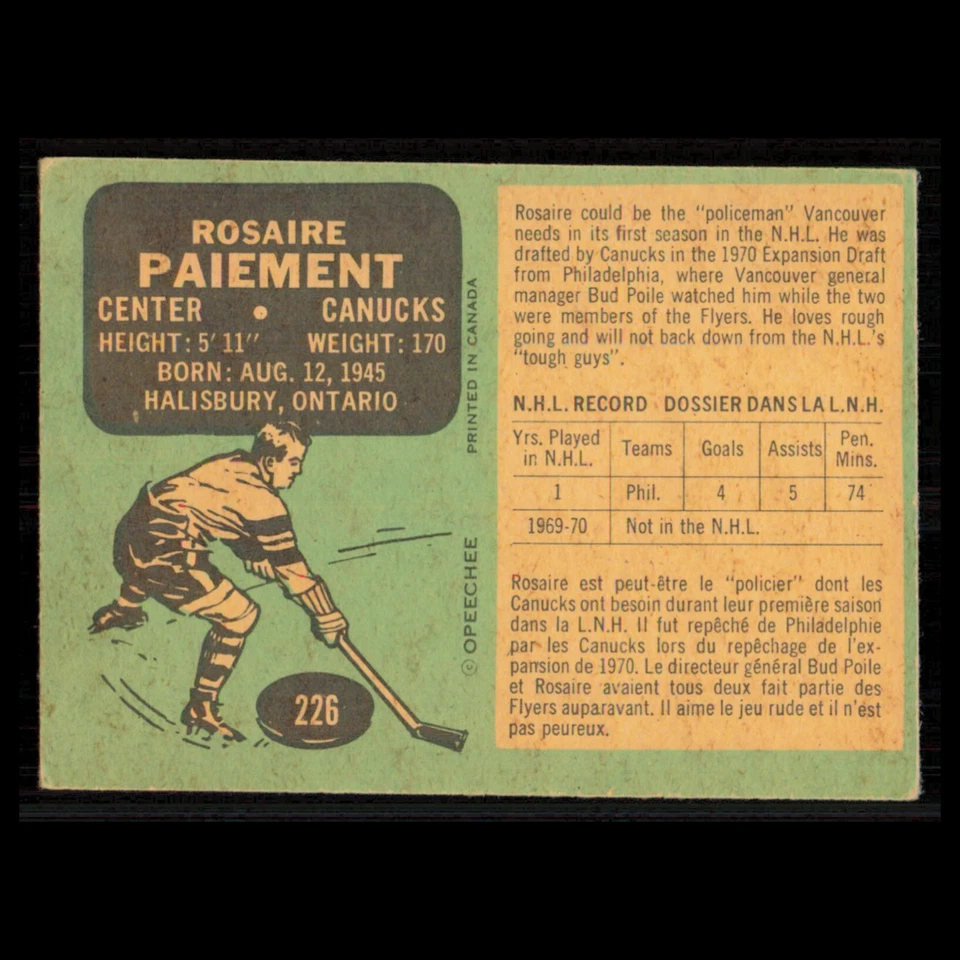 Rosaire Paiement Rookie #226 1970 O-Pee-Chee Vancouver Canucks Hockey Card NHL - Image 2 of 3