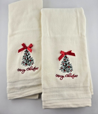 Two embroidered hand towels Merry Christmas with Trees cream colored 25''x16''