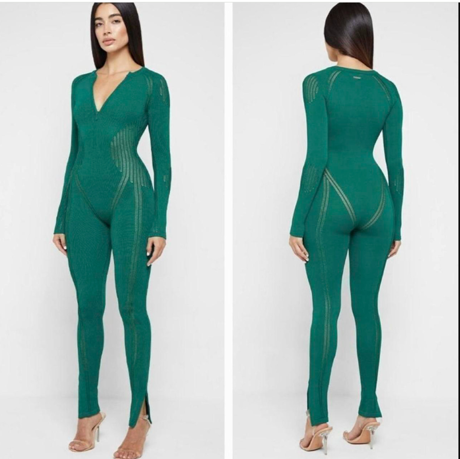 Maniere De Voir NEW Women's Green Knit Jumpsuit Size XS Stretch Long Sleeve