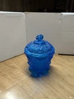 VINTAG 1950s Jeanette Glass Footed Covered Cobalt Blue Candy Dish Grape Leaf
