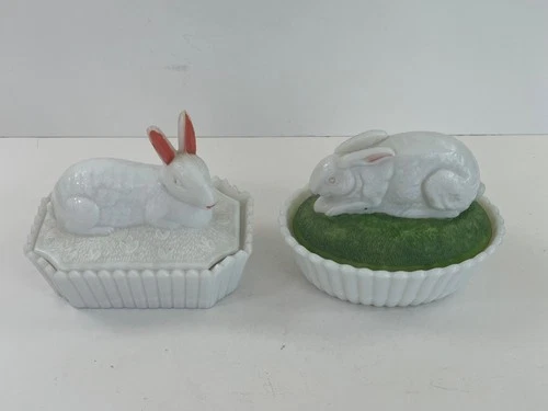 Pair of Westmoreland Milk Glass Bunny Rabbits on Nest Vintage Easter Candy Box