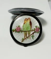 STUNNING Antique *BIRDS*Hand Painted STERLING ENAMEL GUILLOCHE Compact by EAM CO