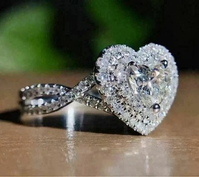 3CT Heart Cut Real Moissanite Women Halo Engagement Ring 14K White Gold Plated