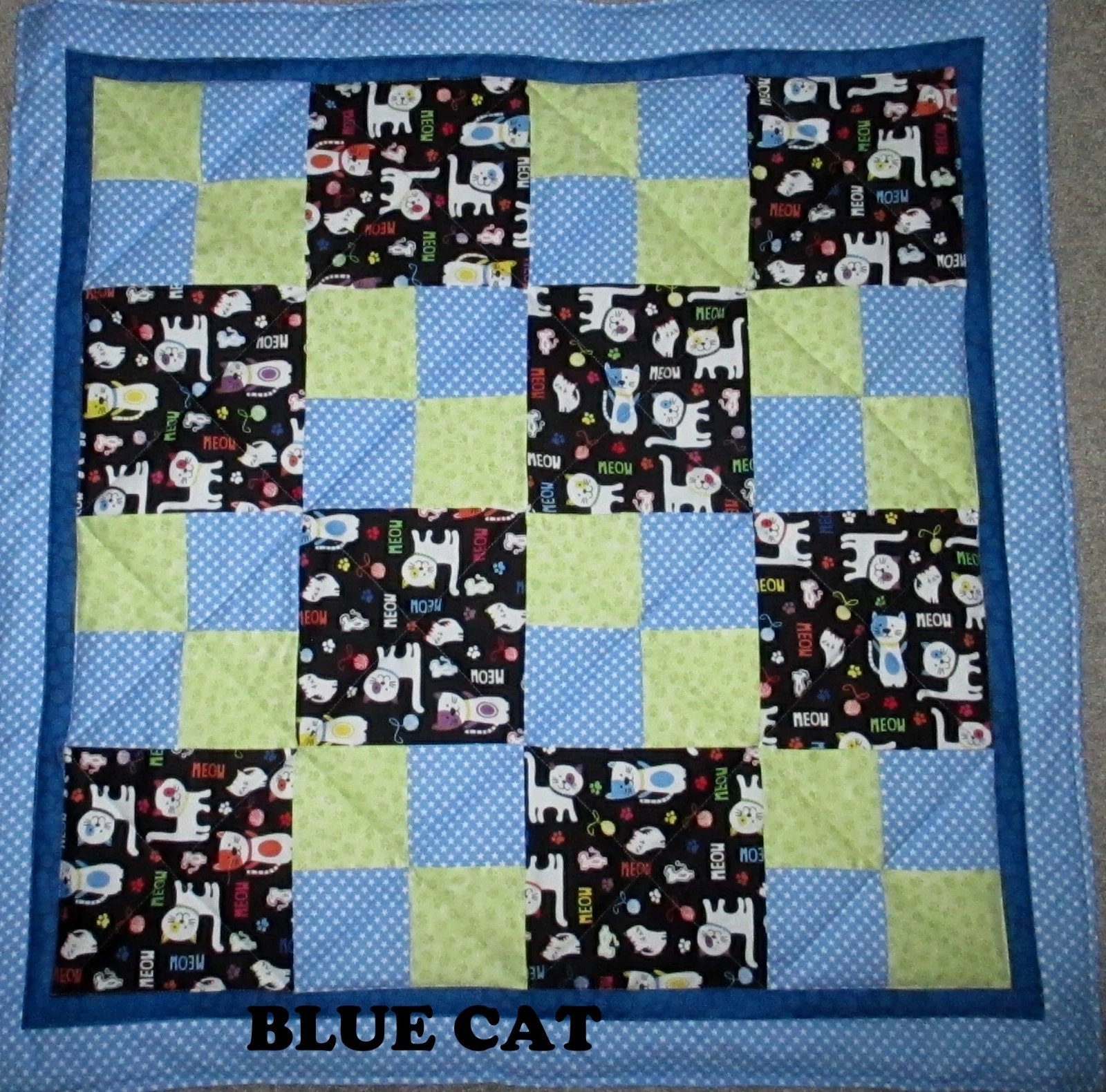 Meow Cat Pet Handmade Quilt Rescue Shelter Lime Blue Stars Blanket Bedding