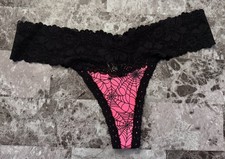 NWT VICTORIA'S SECRET PINK SPIDERWEB HALLOWEEN RIBBED BLACK LACE THONG PANTIES